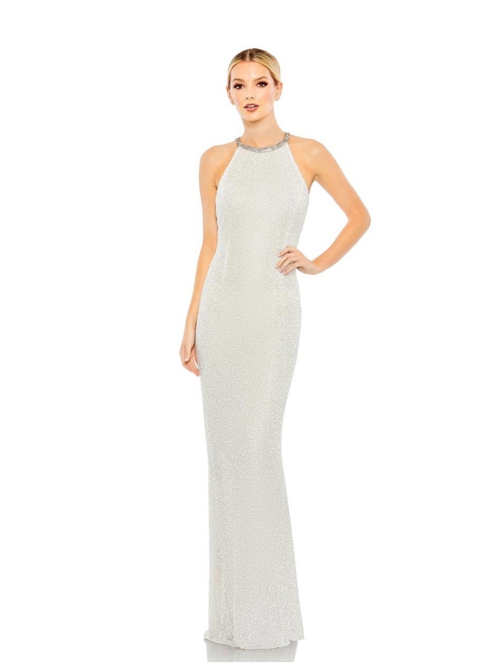 Mac Duggal Ieena Sequin High-Neck Rhinestone-Trim Column Gown